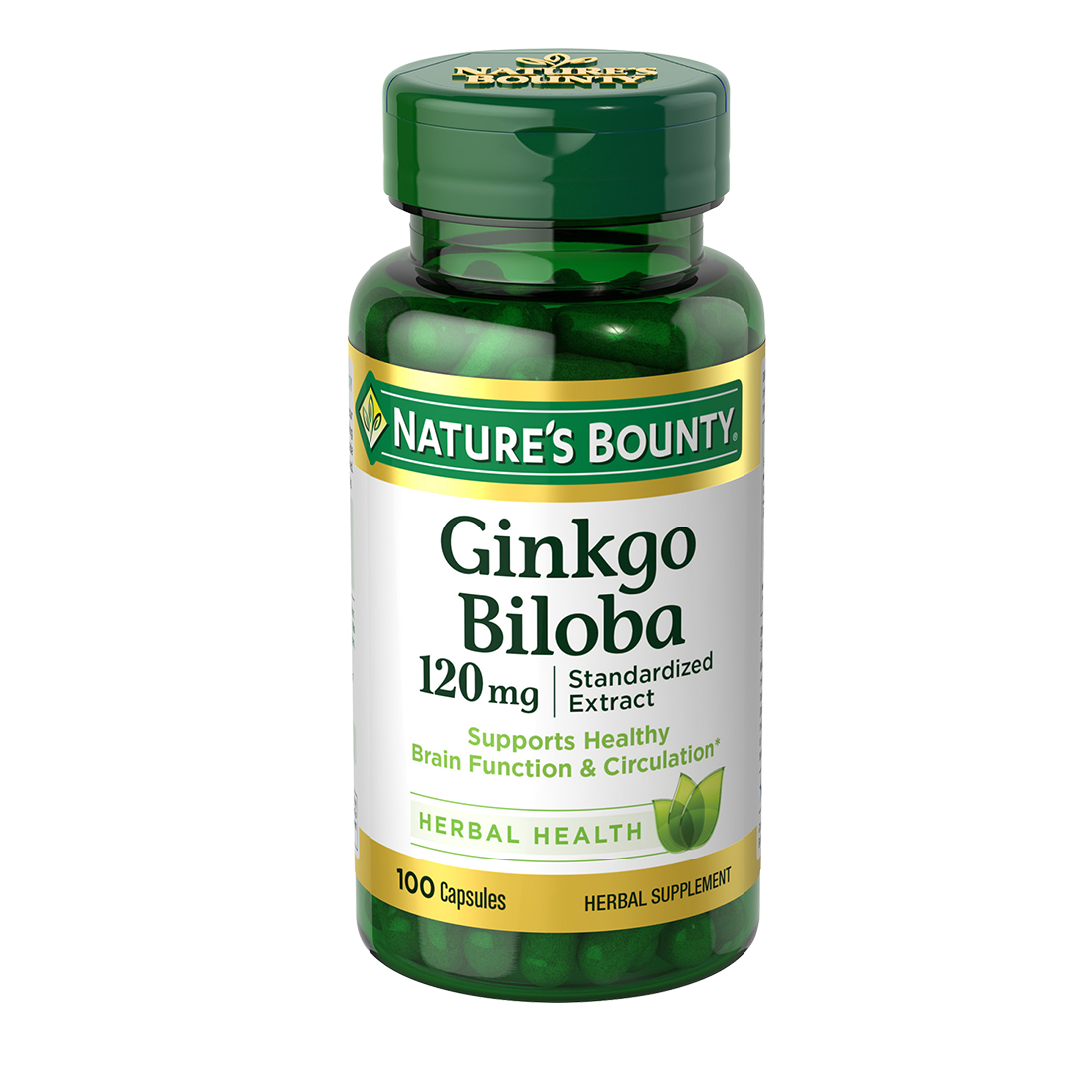 Bottle of Ginkgo Biloba 120 mg capsules – natural supplement for memory, focus, and circulation support