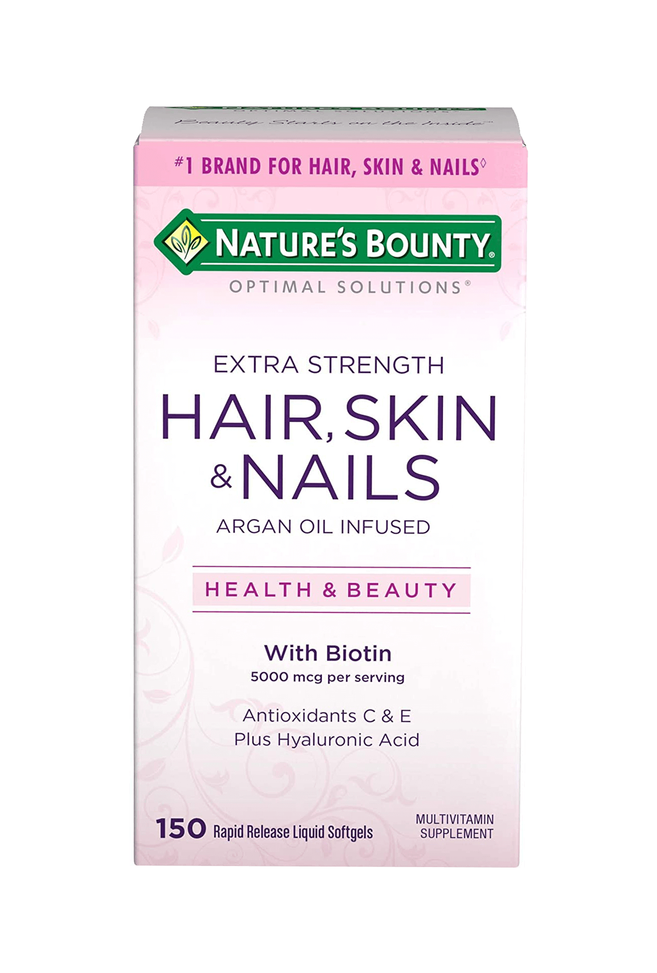 Bottle of Nature’s Bounty Extra Strength Hair, Skin & Nails 5,000 mcg Biotin 150 Softgels for Healthy Hair, Skin, and Nails