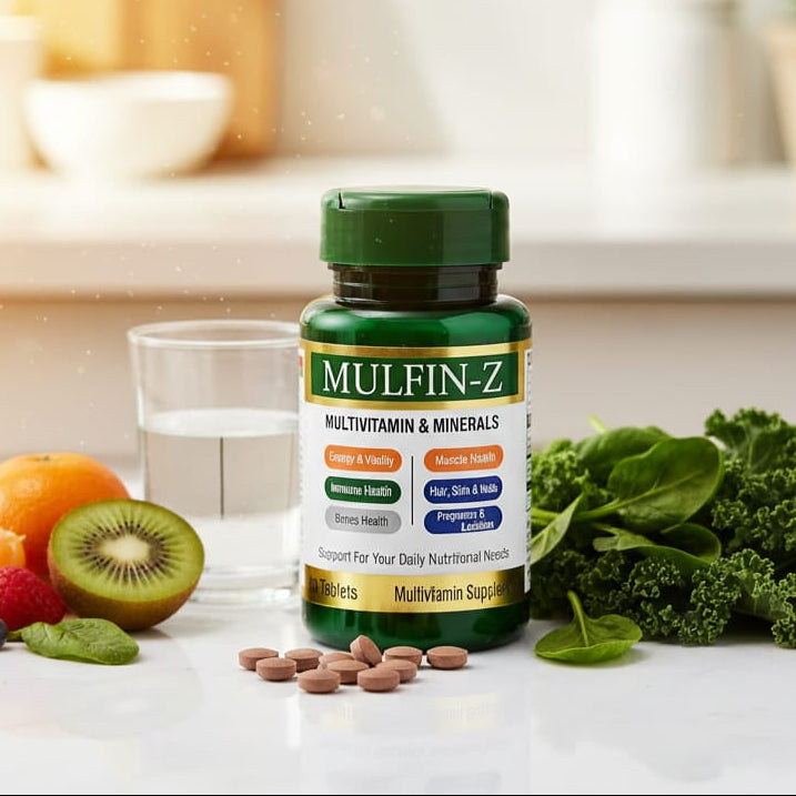 Multivitamin bottle labeled 'MULFIN-Z' on a table with fruits and vegetables.