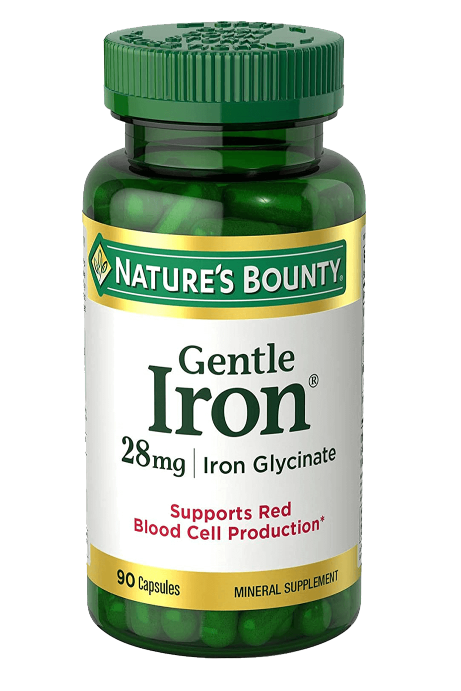 Bottle of nature's bounty Gentle iron (iron glycinate) 28 mg in pakistan, containing 90 capsules to support blood cell production.