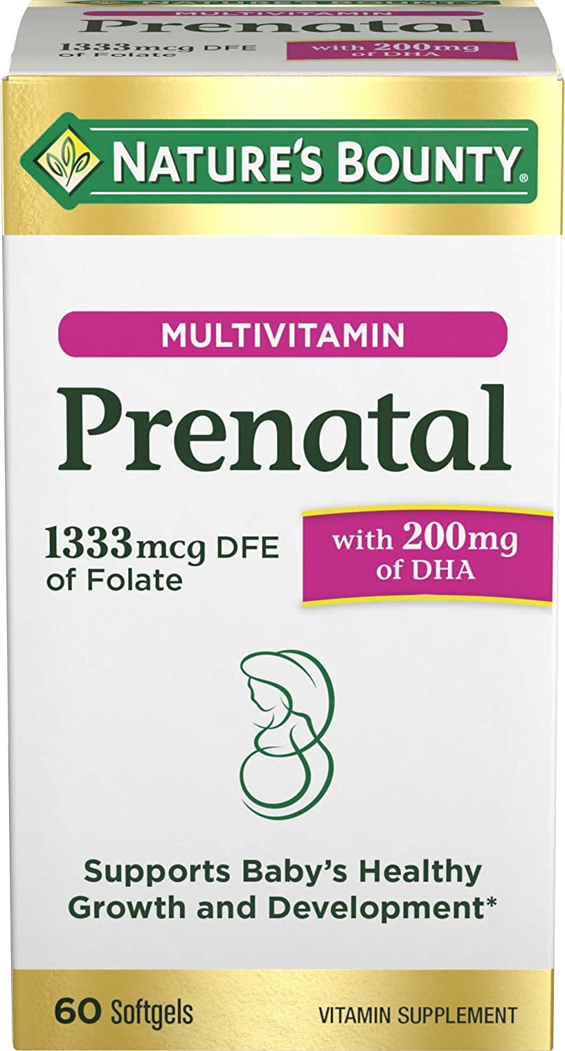 Pack of nature's bounty Prenantal multivitamin in pakistan containing 60 softgels for baby growth and development.