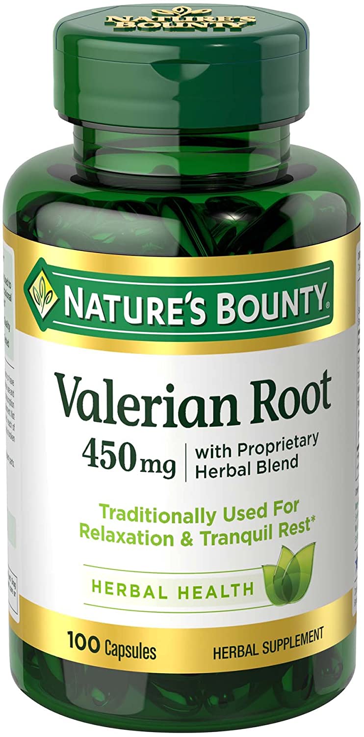 bottle of Nature Bounty Valerian Root 450mg in pakistan containing 100Capsules for relaxation and tranquil rest.