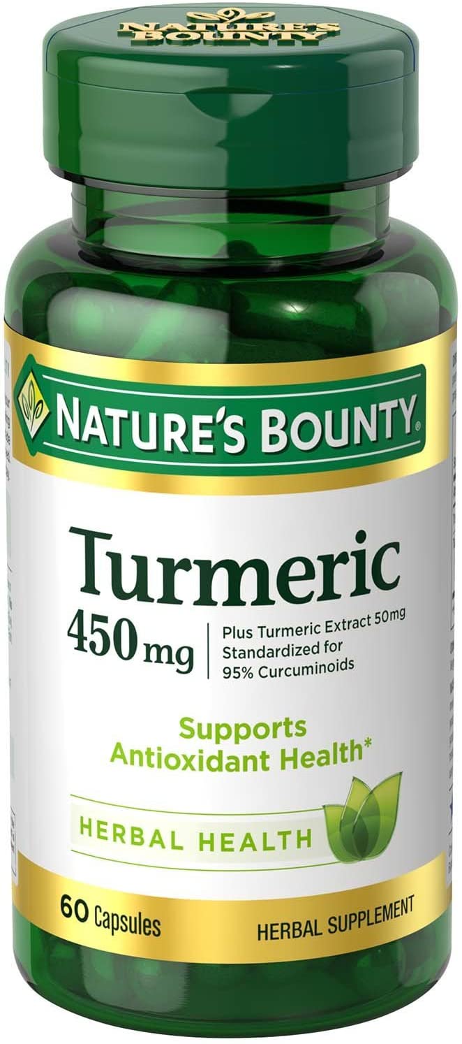 Bottle of nature's bounty turmeric 450mg in pakistan containing 60 capsules which support antioxidant health
