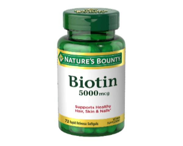 bottle of nature's bounty Biotin 5000 mcg containing 72 softgels in Pakistan for hair growth, nail strength, and skin health