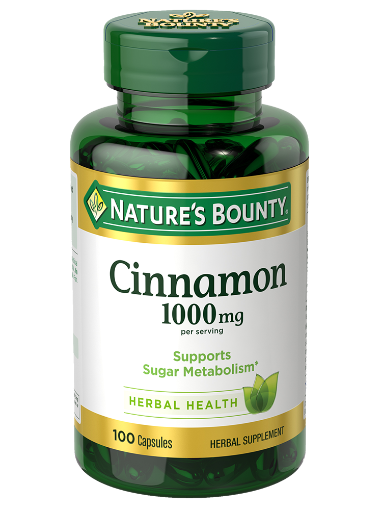 Bottle of nature's bounty Cinnamon 1000mg in pakistan containing 100 capsules which support sugar metabolism