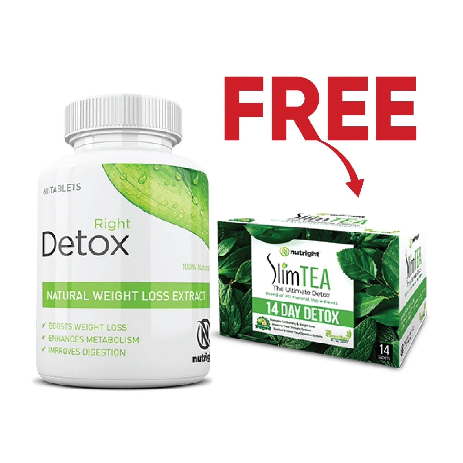 Bottle of Nutright Right Detox natural weight loss tablets with free SlimTea in pakistan