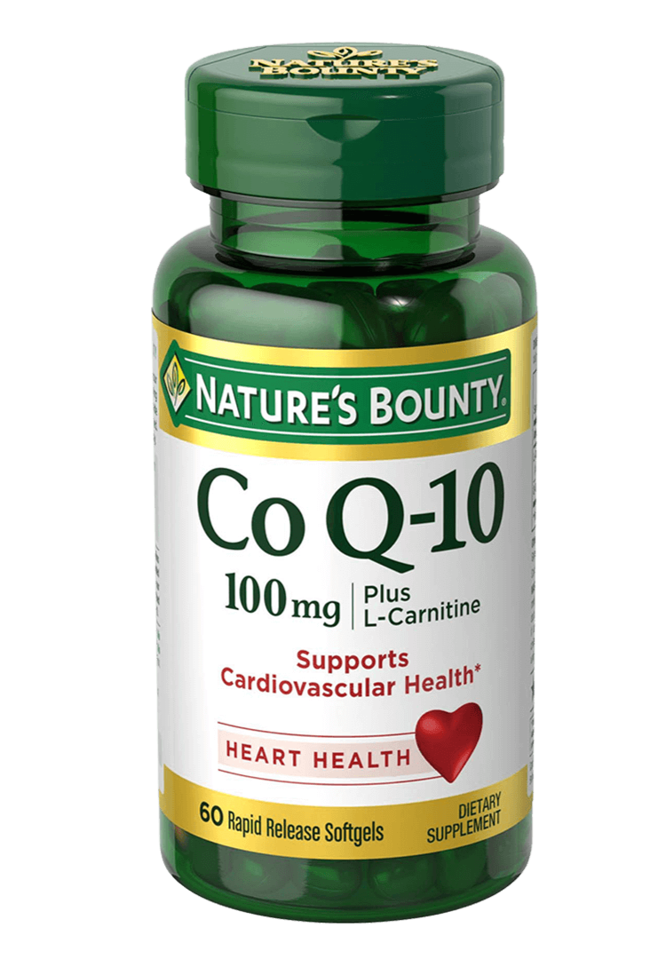 Bottle of nature's bounty Co Q-10, 100mg plus L carnitine in pakistan containing 60 sortgels for cardiovascular health.