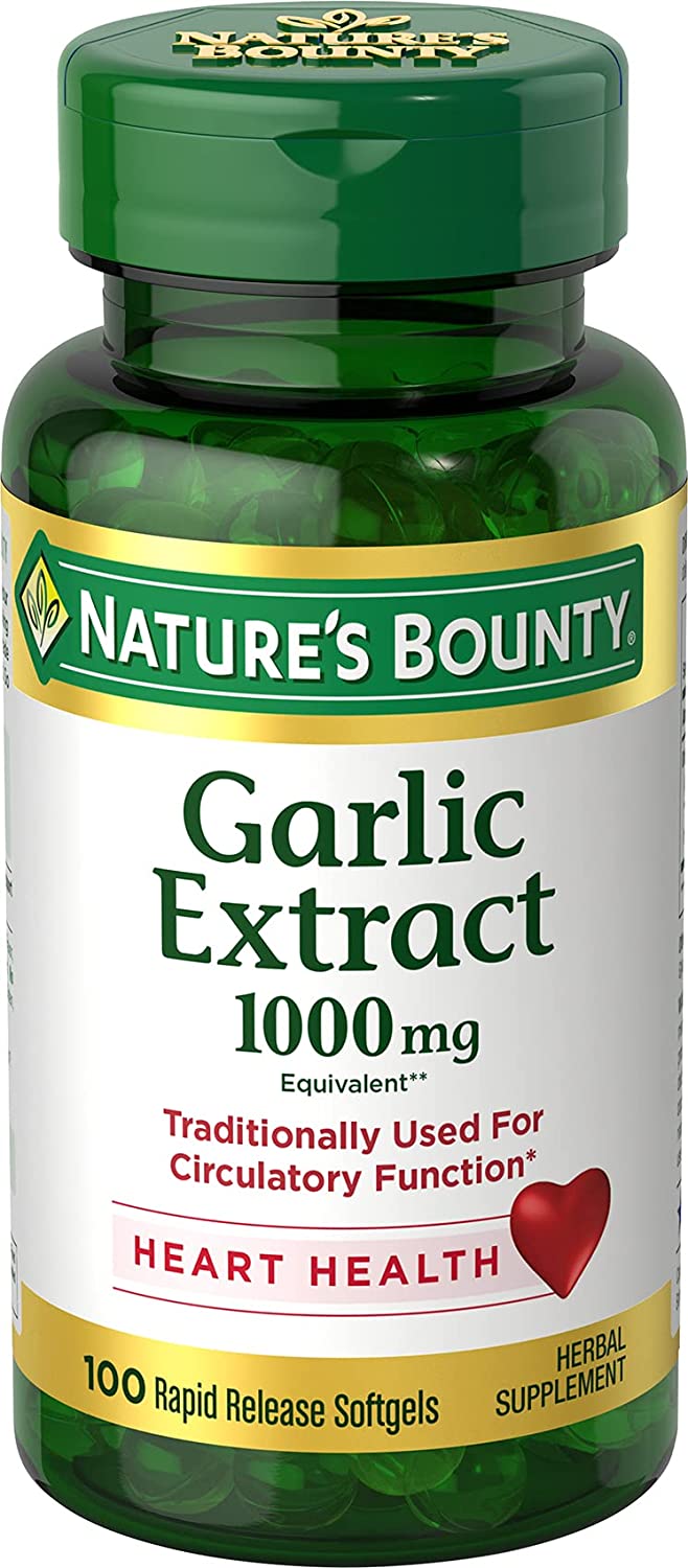 Bottle of Nature's bounty Garlic extract 1000 mg in pakistan, containing 100 softgels to support heart health.