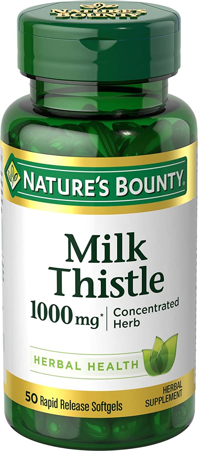 bottle of Nature’s Bounty Milk Thistle 1000 mg in pakistan containing 50 softgels which support liver health.