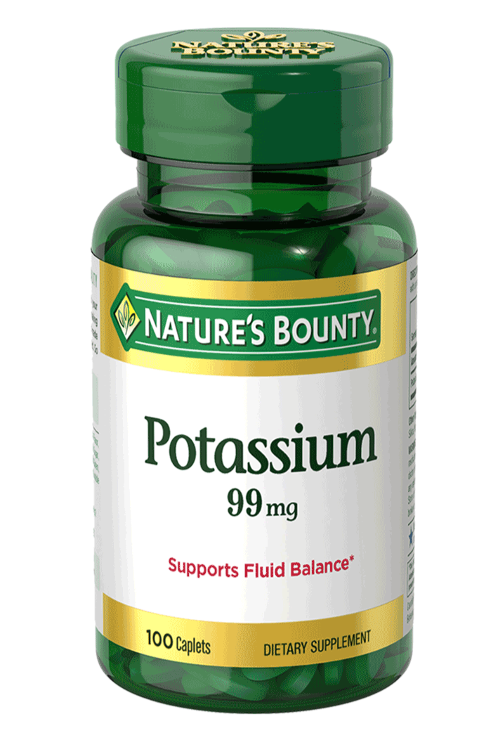 Bottle of nature's bounty potassium 99mg in pakistan, containing 100 caplets for fluid balance.