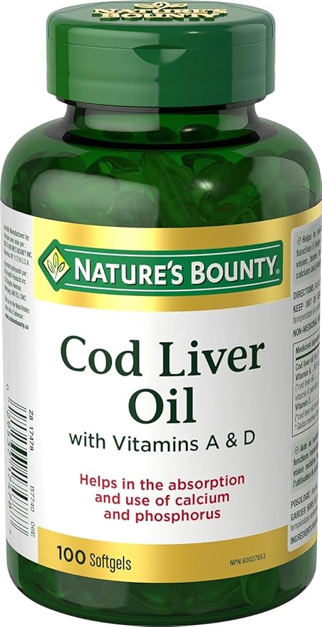 bottle of nature's bounty cod liver in pakistan with vitamin a and d containing 100 softgels for absorption.