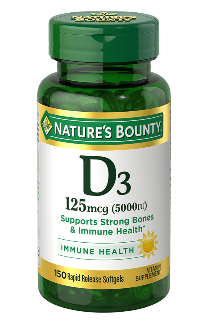 bottle of nature's bounty vitamin d3 125 mcg 5000iu, containing 150 capsules,supports immune health