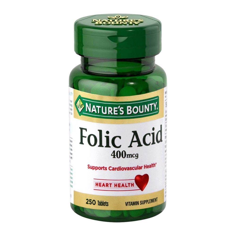 bottle of nature's bounty folic acid 400 mcg in pakistan containing 250 tablets for heart health.