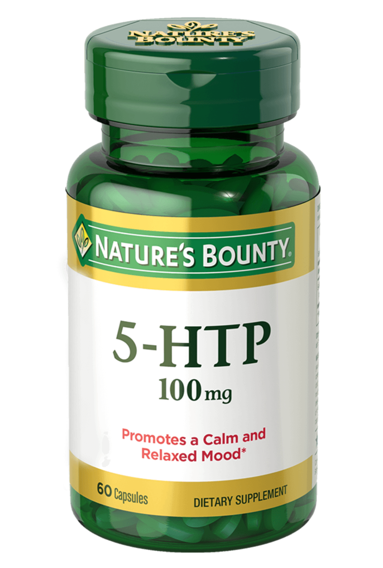 Bottle of nature's-bounty-5-htp-100mg in pakistan containing 60 capsues for mood relaxaton.
