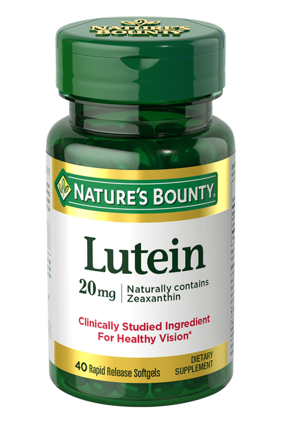Bottle of nature's bounty lutein 20 mg in pakistan, containing 40 softgels to support vision health.