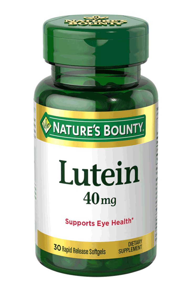 Bottle of nature's bounty lutein 40 mg containing 30 softgels for eye health.