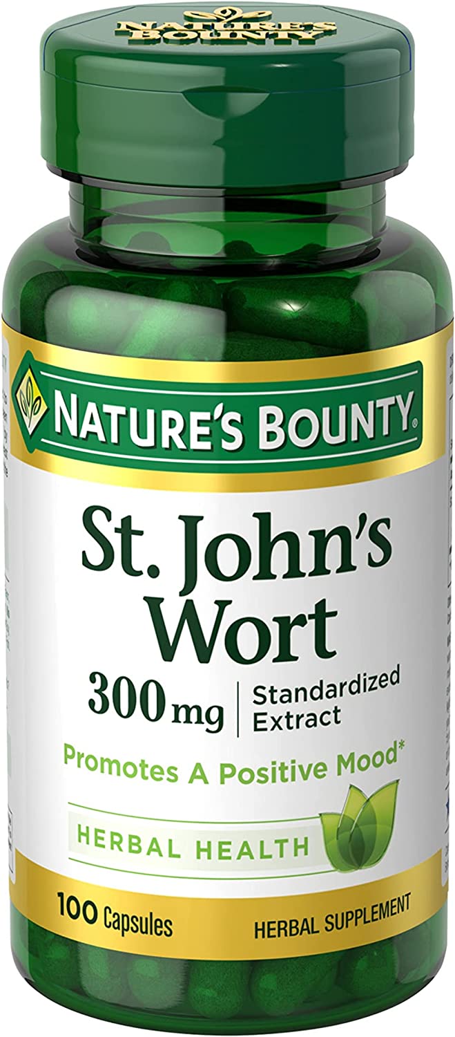 Bottle of nature's bounty st.john's wort 300mg in pakistan containing 100 capsules for positive mood.