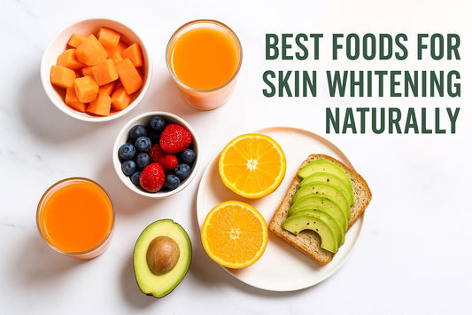 Best natural foods for skin whitening including oranges, avocado toast, papaya, berries, and fresh juices for glowing skin and clear complexion