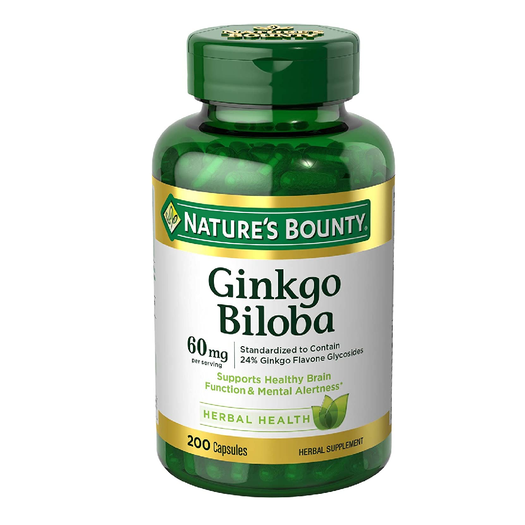 Bottle of Ginkgo Biloba 60 mg capsules – mild herbal supplement for brain and circulation support
