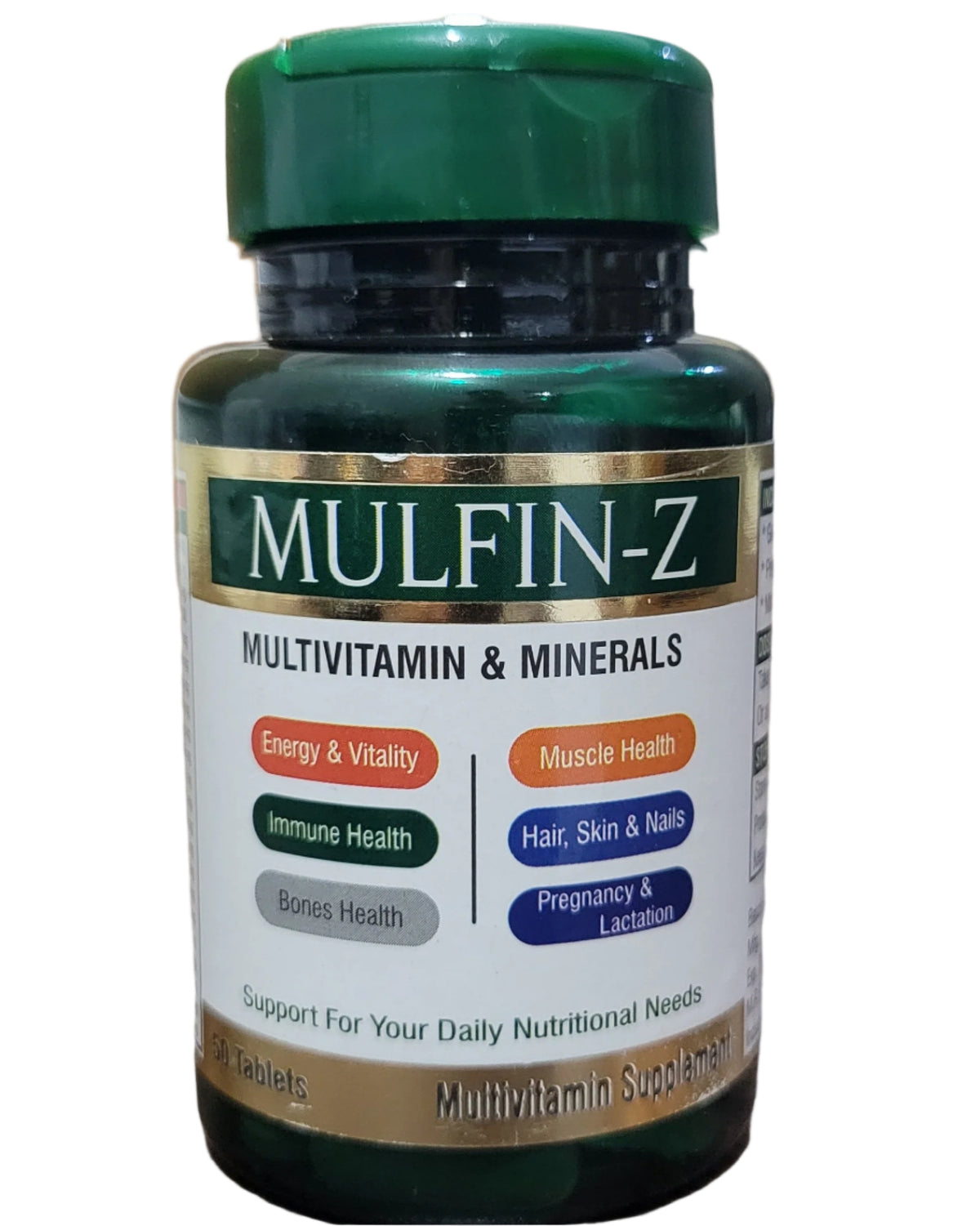 Bottle of Mulfin-Z multivitamins & minerals in Pakistan containing 50 tablets which support daily nutritional needs.