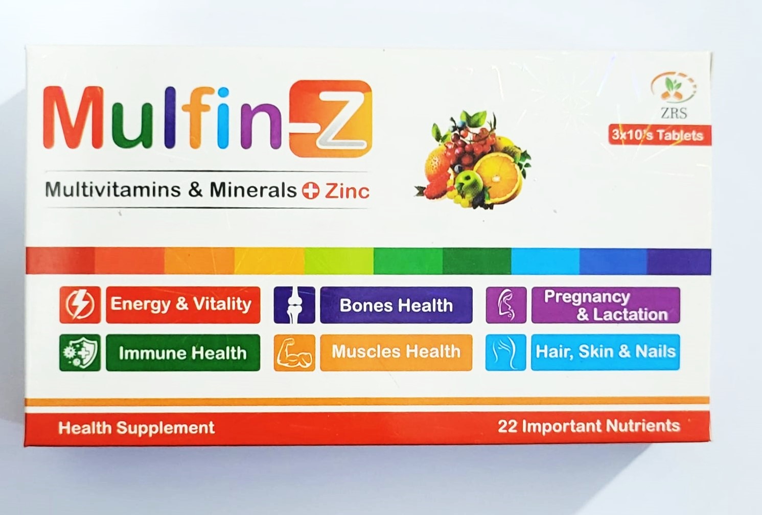 Pack of Mulfin-Z tablets, Containing 22 important nutrients in pakistan.
