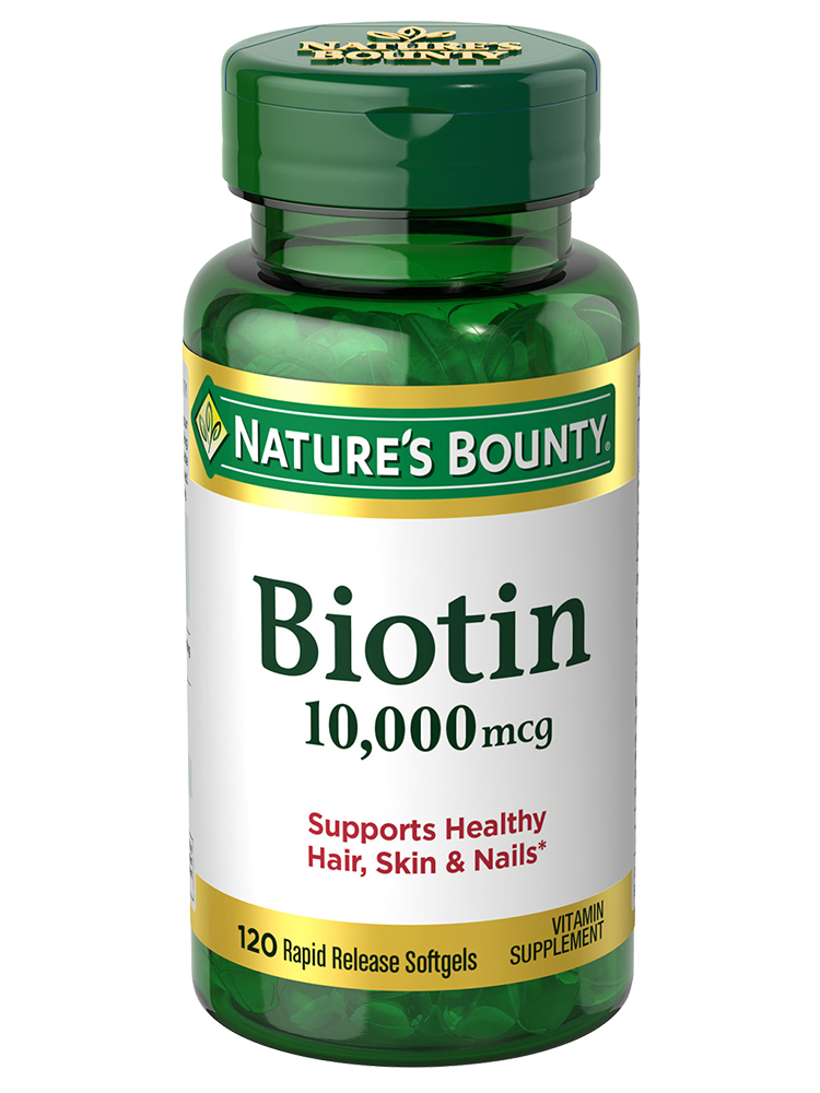 Bottle of Nature's Bounty Biotin 10000 mcg supplement in pakistan containing 120 softgels which support healthy hair, skin, and nails