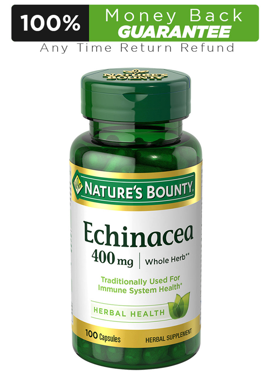 Bottle of nature's bounty echinacea 400mg in pakistan containing 100 capsules which support immune health