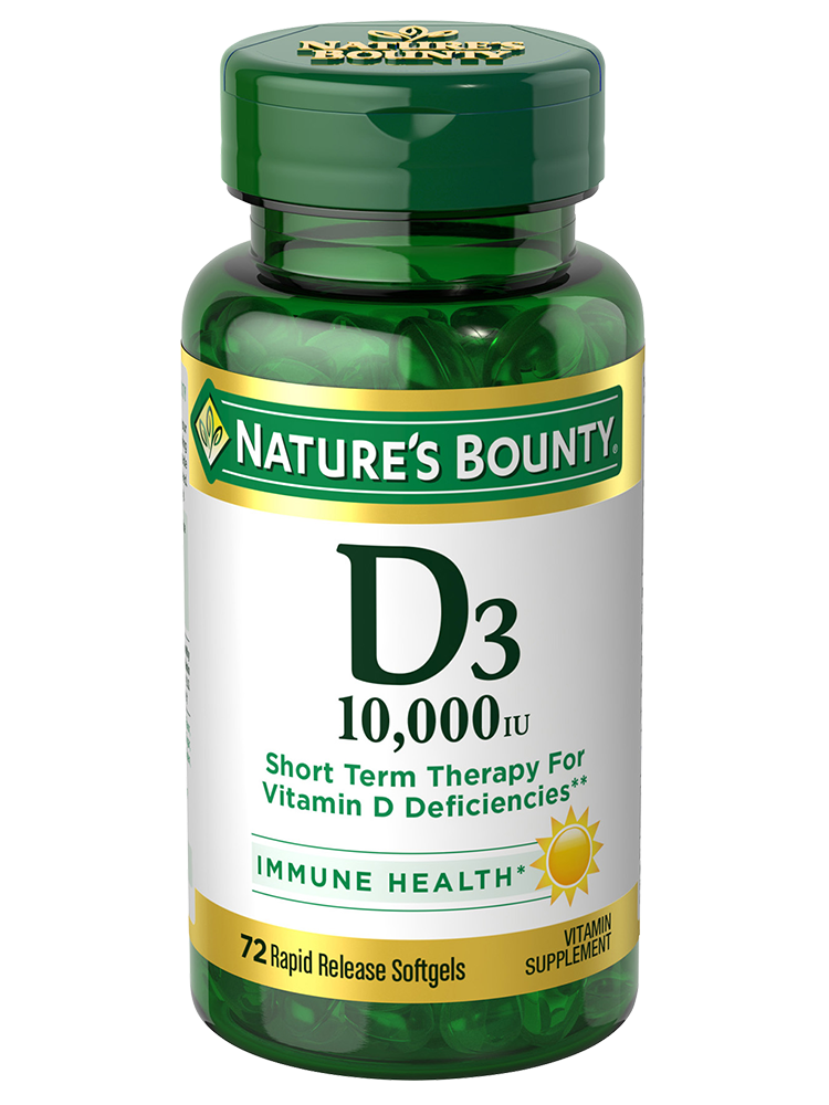 Bottle of Nature's Bounty Vitamin D3 10,000 IU rapid-release softgels for bone and immune support
