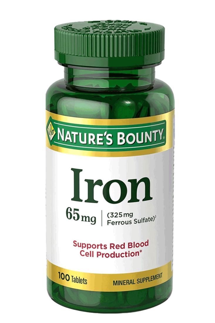 Bottle of nature bounty iron 65mg in pakistan containing 100 tablets which support red blood cell production