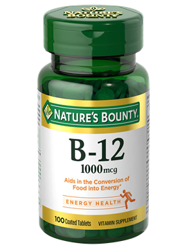 Bottle of nature's bounty b 12 - 1000mcg in pakistan, containing 100 tablets to bosst energy health.