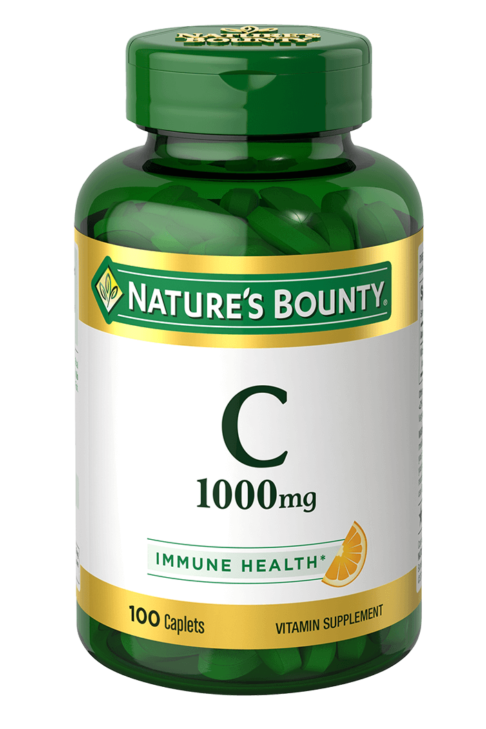 Bottle of nature's bounty vitamin c 1000 mg in pakistan containing 100 caplets for immune health.