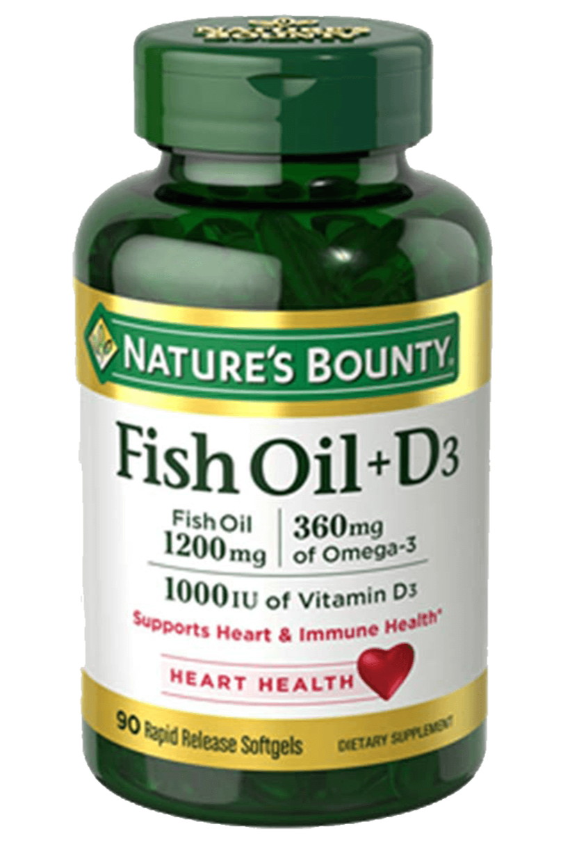 Bottle of nature's bounty fish oil+D3, 1200 mg in pakistan containing 90 softgels for heart health.