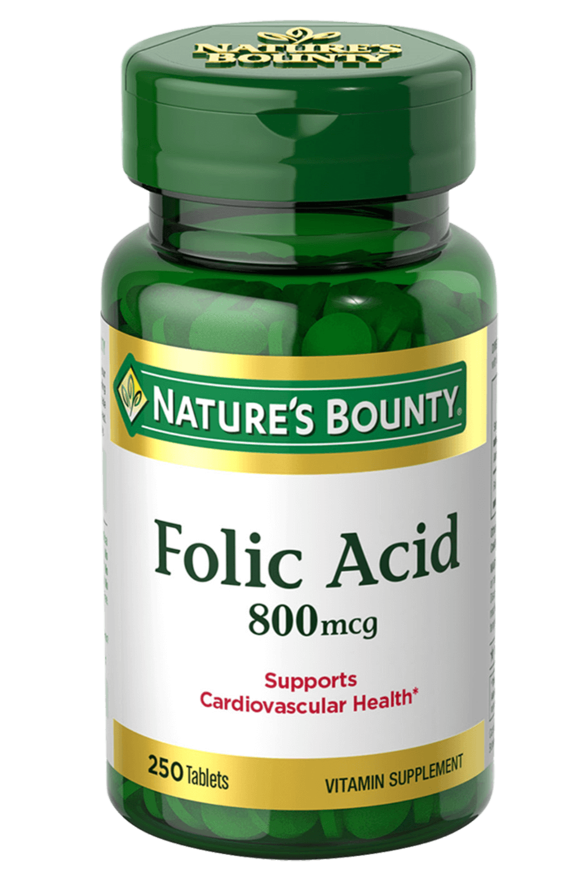 Bottle of nature's bounty folic acid 800 mcg in Pakistan containing 250 tablets for cardiovascular health